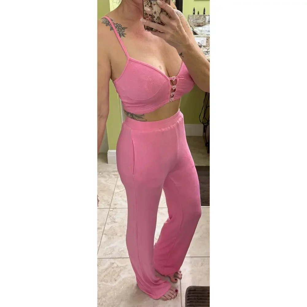 Hot & delicious Julia Heart Rib knit 2 piece pant set pink lined NWT Small - Picture 4 of 10